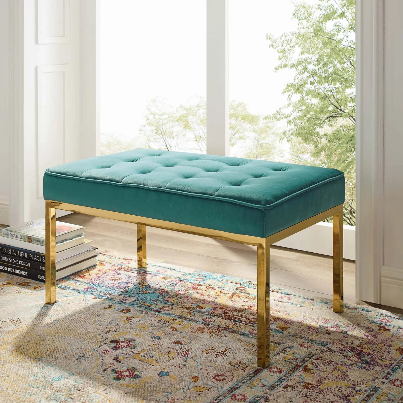 Modway Loft Tufted Upholstered Ottoman, Gold Stainless Steel Legs, Medium Performance Velvet Bench in Gold Teal, Industrial Design Aesthetic