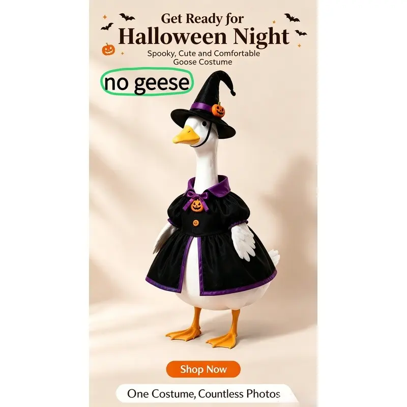 Halloween Witch Goose Costume Set Adjustable Pumpkin Decor Witch Hat Purple Trim Cape Magic Tape Closure One Size Fits 23 Inch Porch Duck Statue Yard Front Door Decor Holiday Party Photo Gift（no geese）
