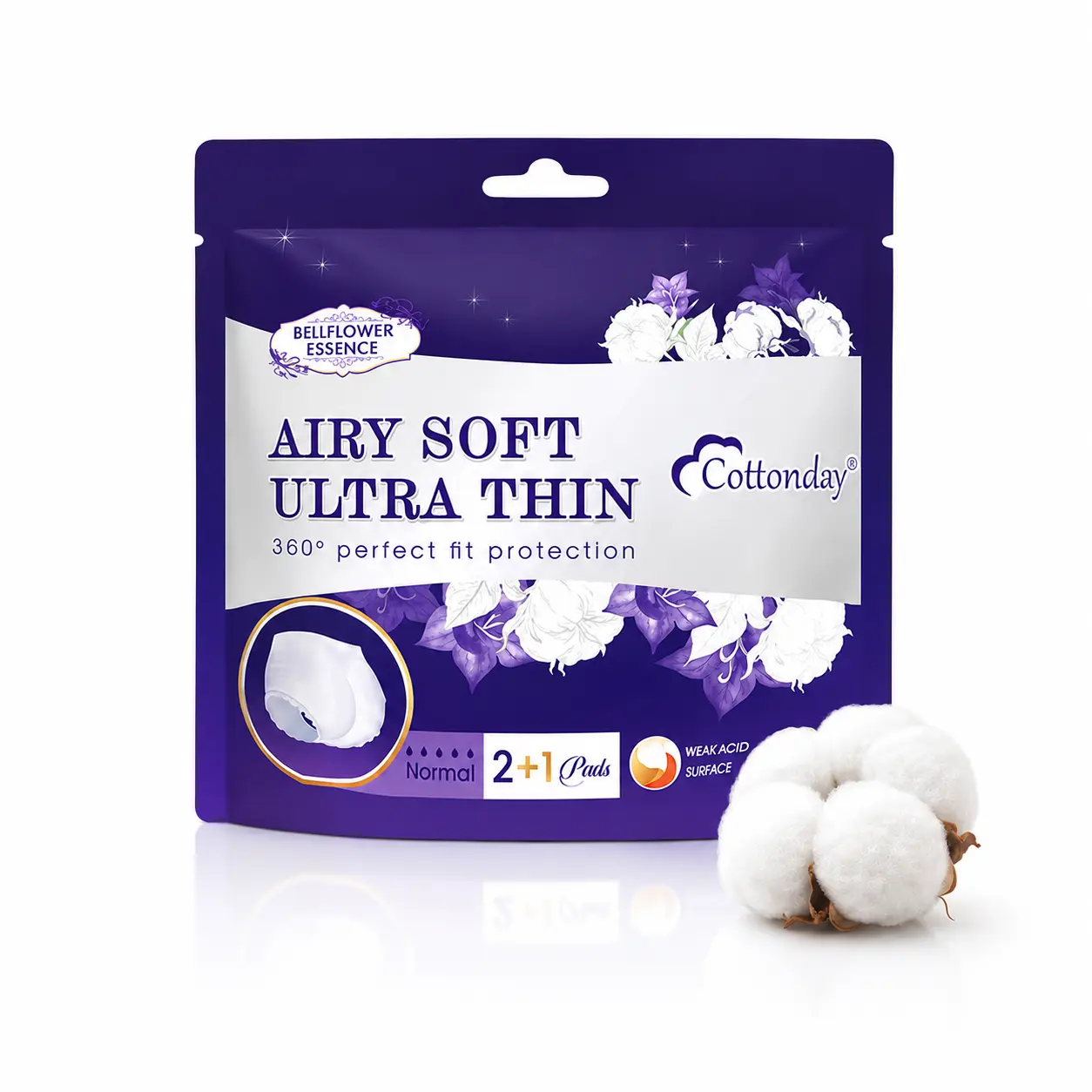 Cottonday Overnight Period Underwear 3Pads Feminine Night Santary Napkin Zero-Feel Ultra Soft and Absorbent Organic Cotton Bellflower Series Strong absorptive capacity, able to sleep soundly throughout the night