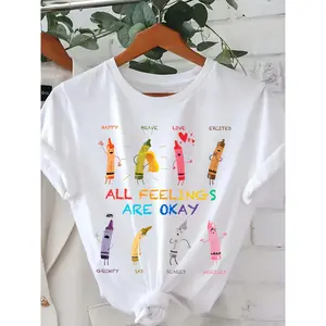 Women's Casual Graphic T-Shirt - Short Sleeve Crew Neck, "All Feelings Are Okay" Pencil Print, Black Blend Top for Spring & Summer