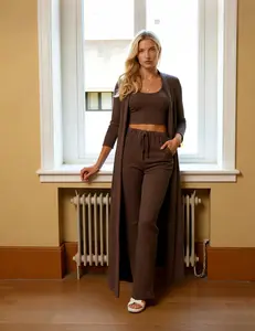 Cozy Three-Piece Pajamas Loungewear for Women, Ribbed Home Fabric Featuring a Long-Sleeve Cardigan, a Sleeveless Top, And Comfortable Pants, Perfect for Casual Sleepwear And Relaxing, Womenswear, Breathable