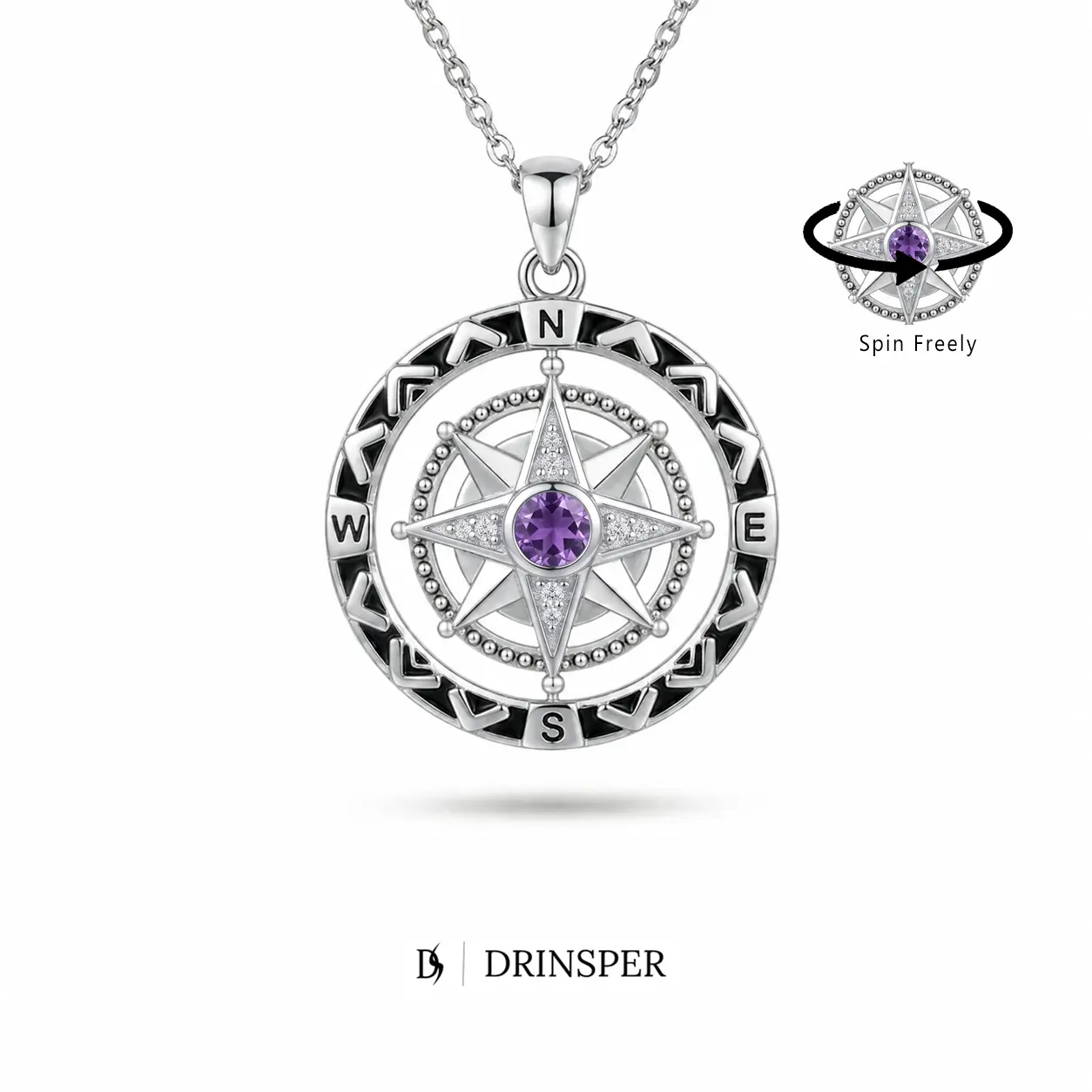 DRINSPER Compass Birthstone Necklace for Women Men, Vintage Compass Pendant Jewelry Gift for Birthday Graduation Travel Adventure, Silver Plated Copper Necklace with 12 Birthstone Options, Adjustable 18+2 Inch Chain, Meaningful Guidance Jewelry