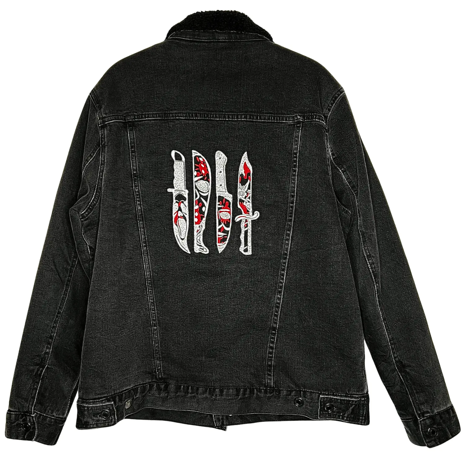 Vintage Slasher Horror Embroidered Black Denim Jacket, Halloween 80s Monsters Embroidery Jacket, Horror Movie Icons, Horror Character Knife Jacket, Gothic Autumn Fall Sherpa Denim Jacket For Men Women, Gift For Horror Fans