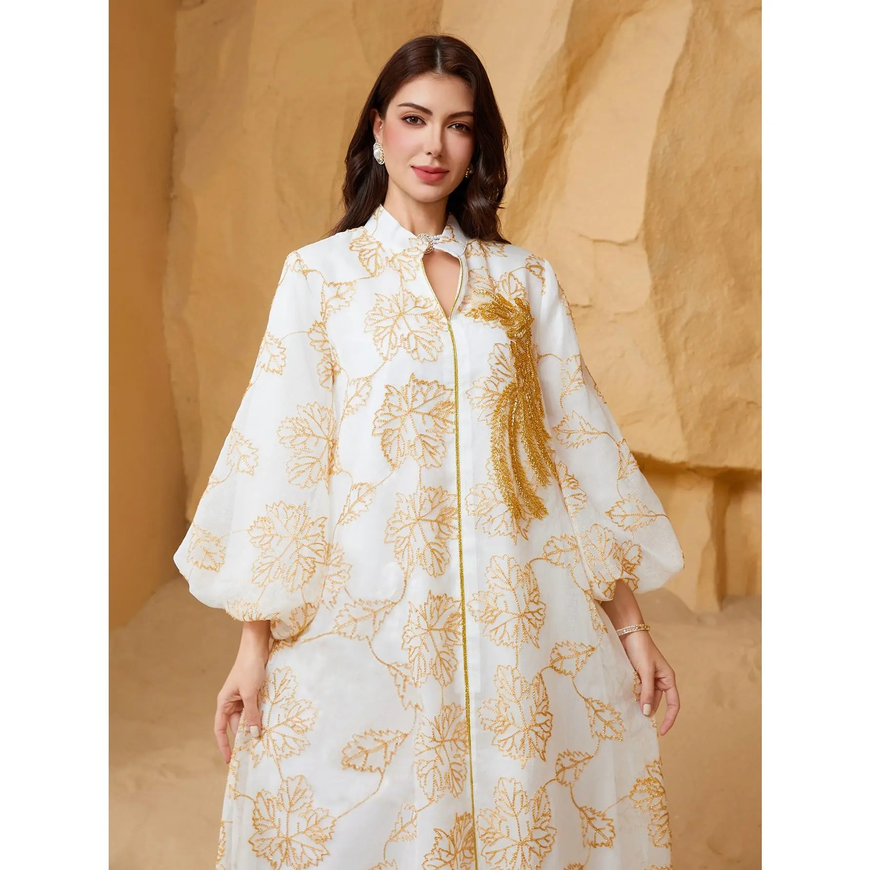Oriental Style Regular Formal Dress Women's Abaya with Sequins and Mesh Stand Collar, Light Luxury Evening Gown for Festive Occasions - Turkish Jalabiya