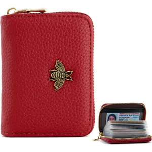 Leather Credit Card Holder for Women Wallet RFID Blocking Zipper Wallet Card Case Business(Red)