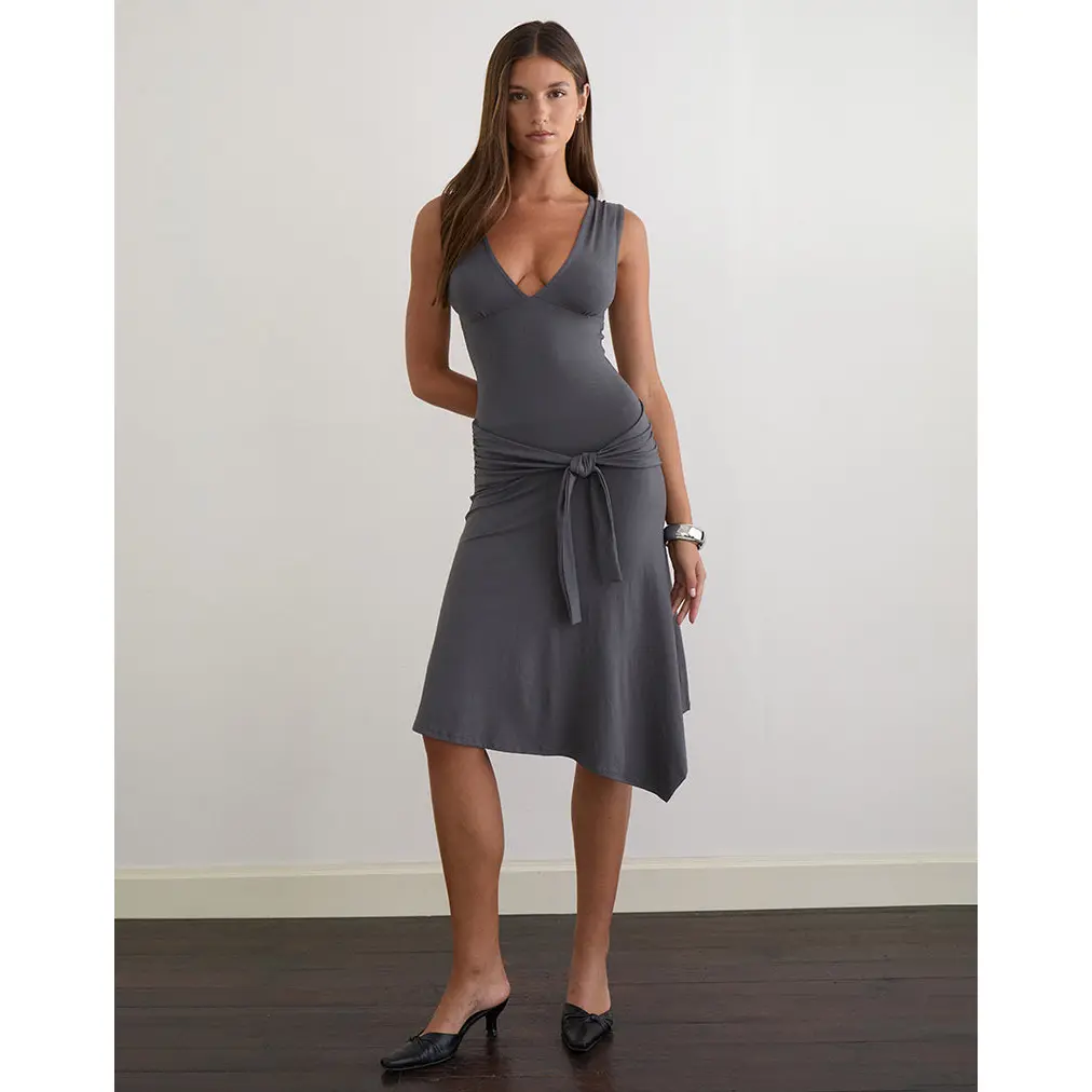 Philipa Asymmetric Midi Dress in Jersey Charcoal Grey