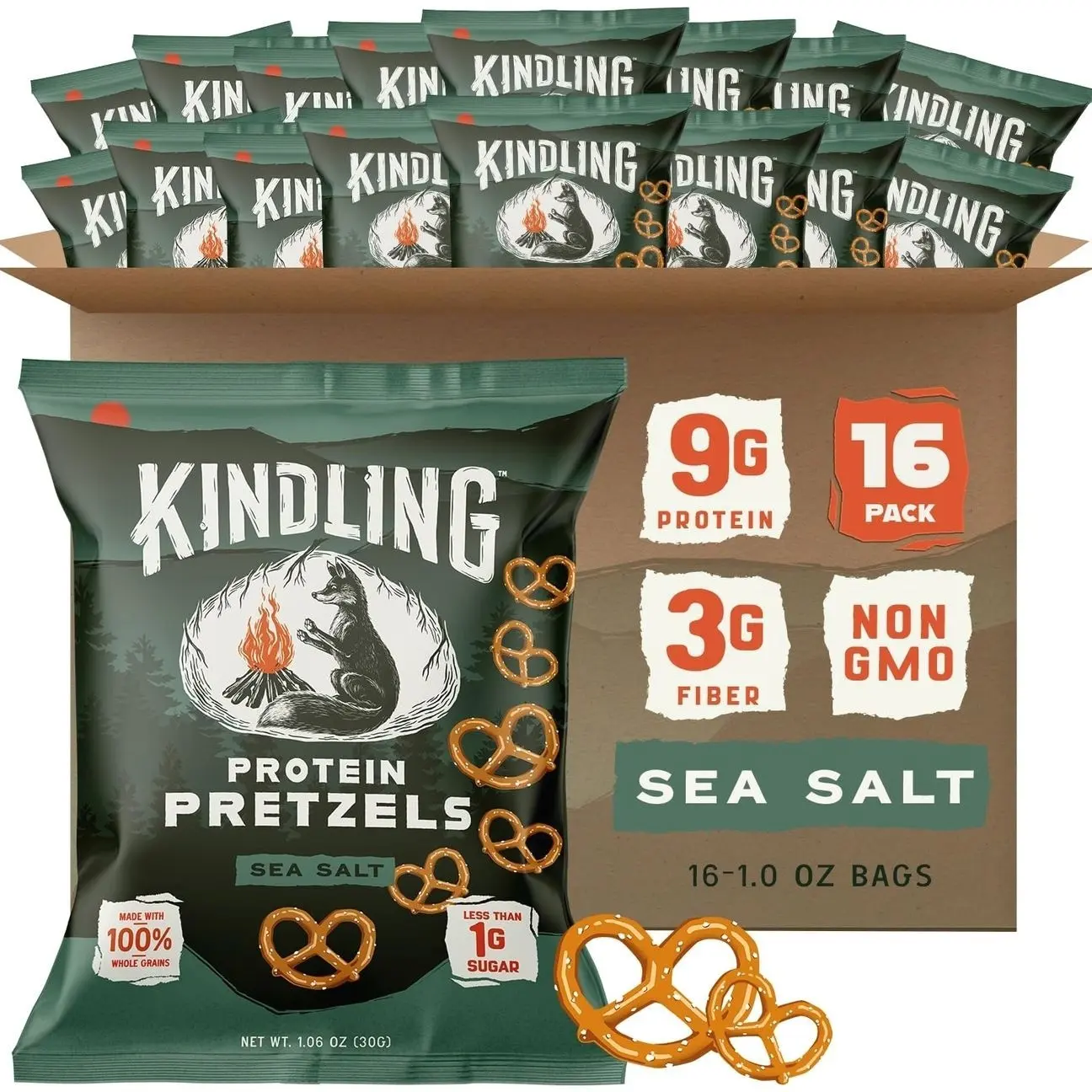 Kindling Protein Pretzels - Sea Salt | Protein-Packed Snack Size Bags | Kosher | 8-9g Protein Per Serving | No Artificial Flavors, Soy-Free | Lunches, Office Snacks, & On-the-Go | 16-Count (1.06oz Bags)