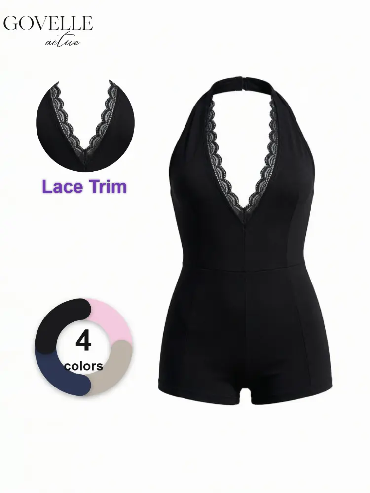 GOVELLE Women's Lace Bandeau Yoga Bodysuit, High-Elasticity Waist-Shrinking Sports Jumpsuit, Pink