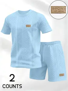 Men's Casual Simple Textured Fabric Fashion Set, Faux Label Print Shorts & Round Neck T-Shirt, Summer Daily Wear 2-Piece Set