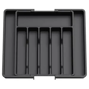 Silverware Drawer Organizer, Expandable Utensil Tray for Kitchen, Adjustable Flatware and Cutlery Holder, Compact Plastic Storage for Spoons Forks Knives, Large, Black Boxes
