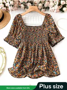 【Plus Size】 Ditsy Floral Print Blouse, Shirts, Boho Top for Beach Holiday Vacation, Bohemian Women's Clothes for Summer, Casual, Womenswear, Peplum Tops, Casual Boho Blouses