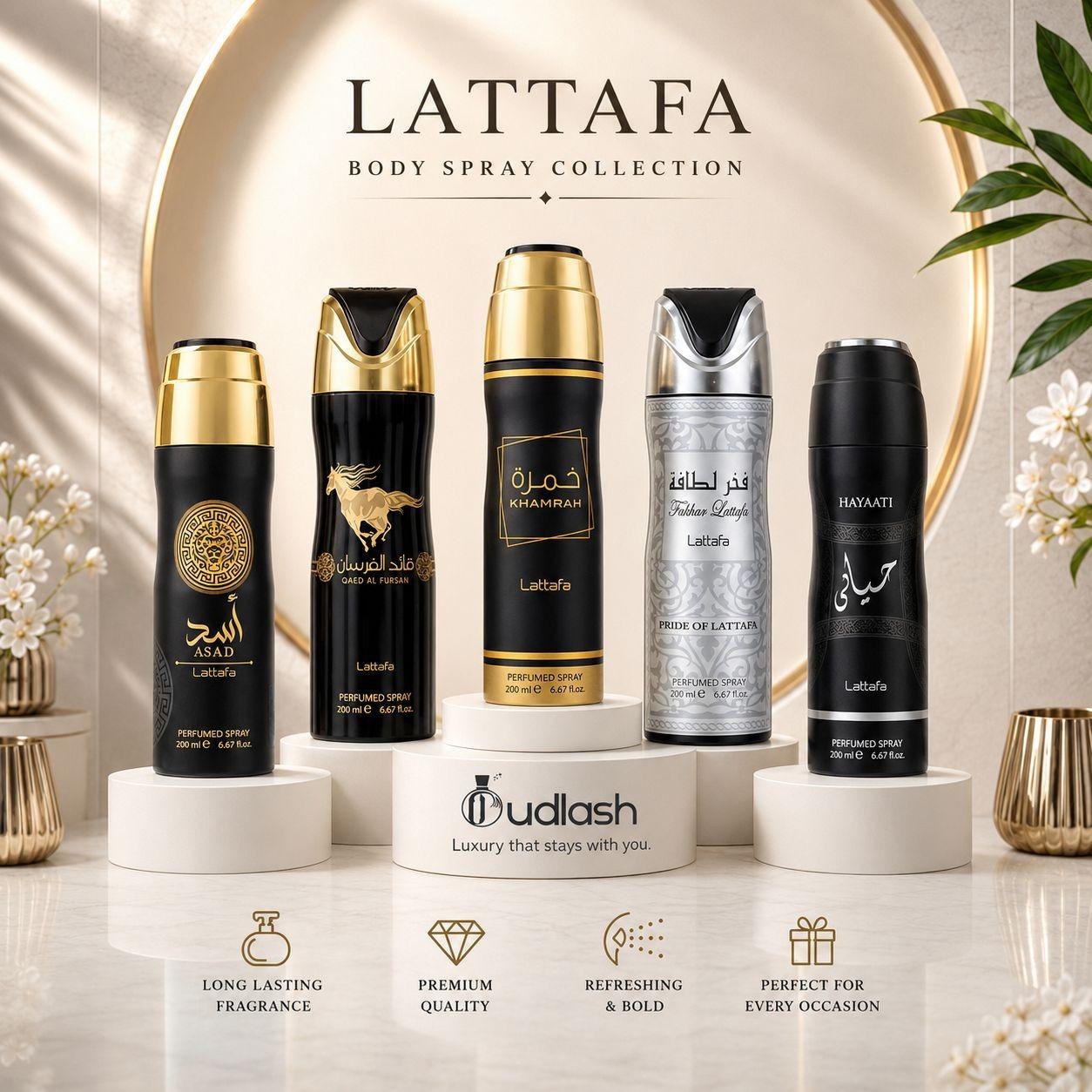 Lattafa Bundle | Hayaati Black Body Spray + Fakhar Man Body Spray + Khamrah Body Spray+ Qaed Al Fursan Body Spray + Asad Black Body Spray | Men's Fragrance | 200ML | Body Spray | Crisp apple- Zesty bergamot & Fruity notes Lattafa Bundle | Hayaati Black Body Spray + Fakhar Man Body Spray + Khamrah Body Spray+ Qaed Al Fursan Body Spray + Asad Black Body Spray | Men's Fragrance | 200ML | Body Spray | Crisp apple- Zesty bergamot & Fruity notes