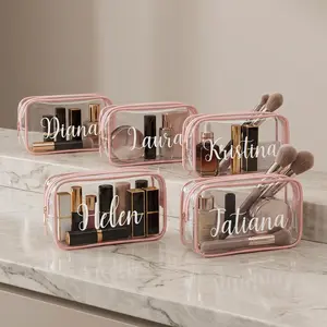 Personalized Clear Toiletry Bags Set | Custom Transparent Makeup Organizer | Travel Cosmetic Bag with Name | Bridesmaid Gift | TSA Approved