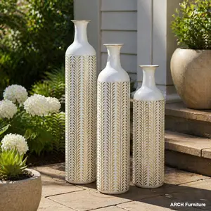 Decorative 3-Piece Pure Metal Modern Geometric Arch Floor Vase Set, White Glazed with Triangular Emboss, Multi-Size Home Decor for Living Room, Three Pieces