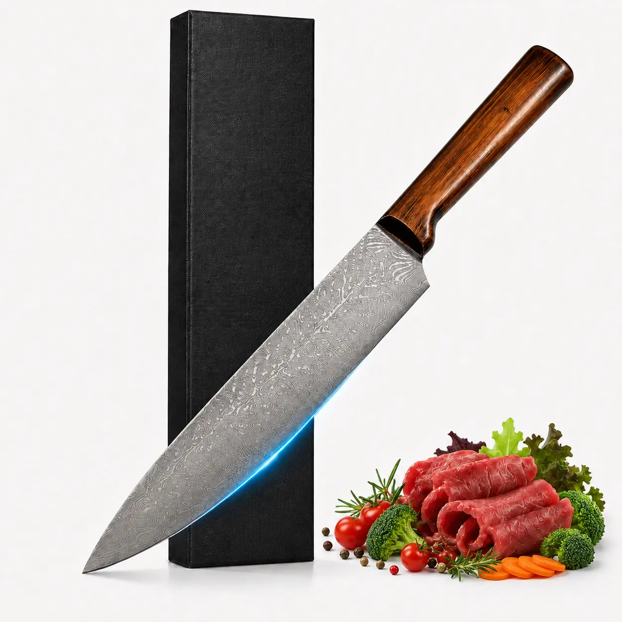 Premium Long Blade Culinary Slicer Knife - Natural Damascus Grain Blade, Ergonomic Wood Handle, Gift Box Included Kitchen Knives