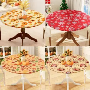 Round Fitted Christmas Tablecloth with Elastic Edge, 100% Waterproof Oil Proof Table Cover, Vinyl Flannel Backed Tablecloth Fits 36"-44" Round Tables for Christmas Dinner