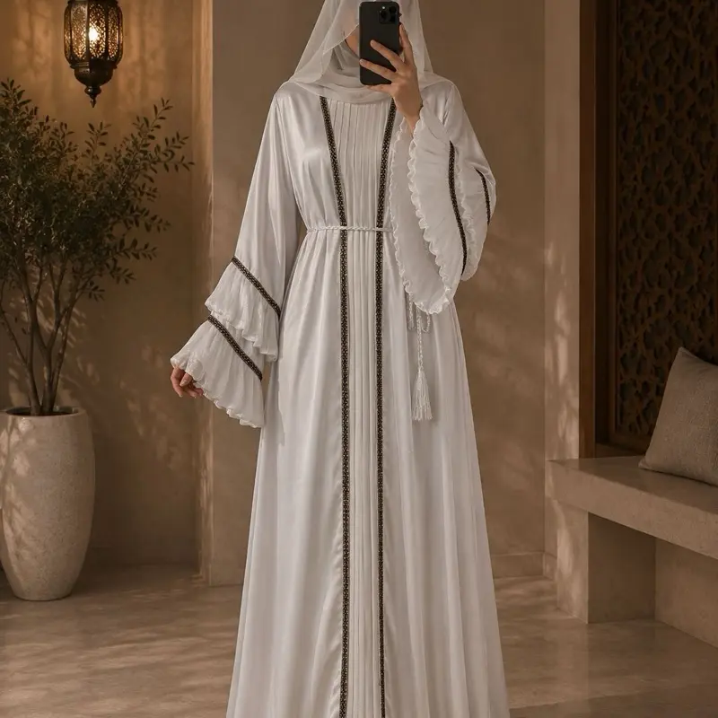 #1 Dubai Luxury  Open Abaya Set | Pleated Sleeves | Matching Hijab | Modest Islamic Wear