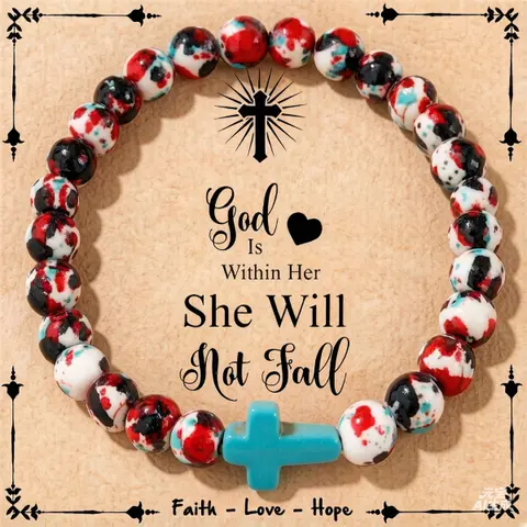 Women's Turquoise & Colorful Gemstone Beaded Carved Cross Stretch Adjustable Bracelet - 1 Piece, Boho Style, Unisex Adults, Hope Jewelry, Religious Biblical Christian Accessory, Easy to Share Gift for Girlfriend, Beach Essential