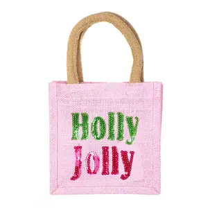 SALE-Holly Jolly Sequin Petite Gift Tote-Light Pink/Green