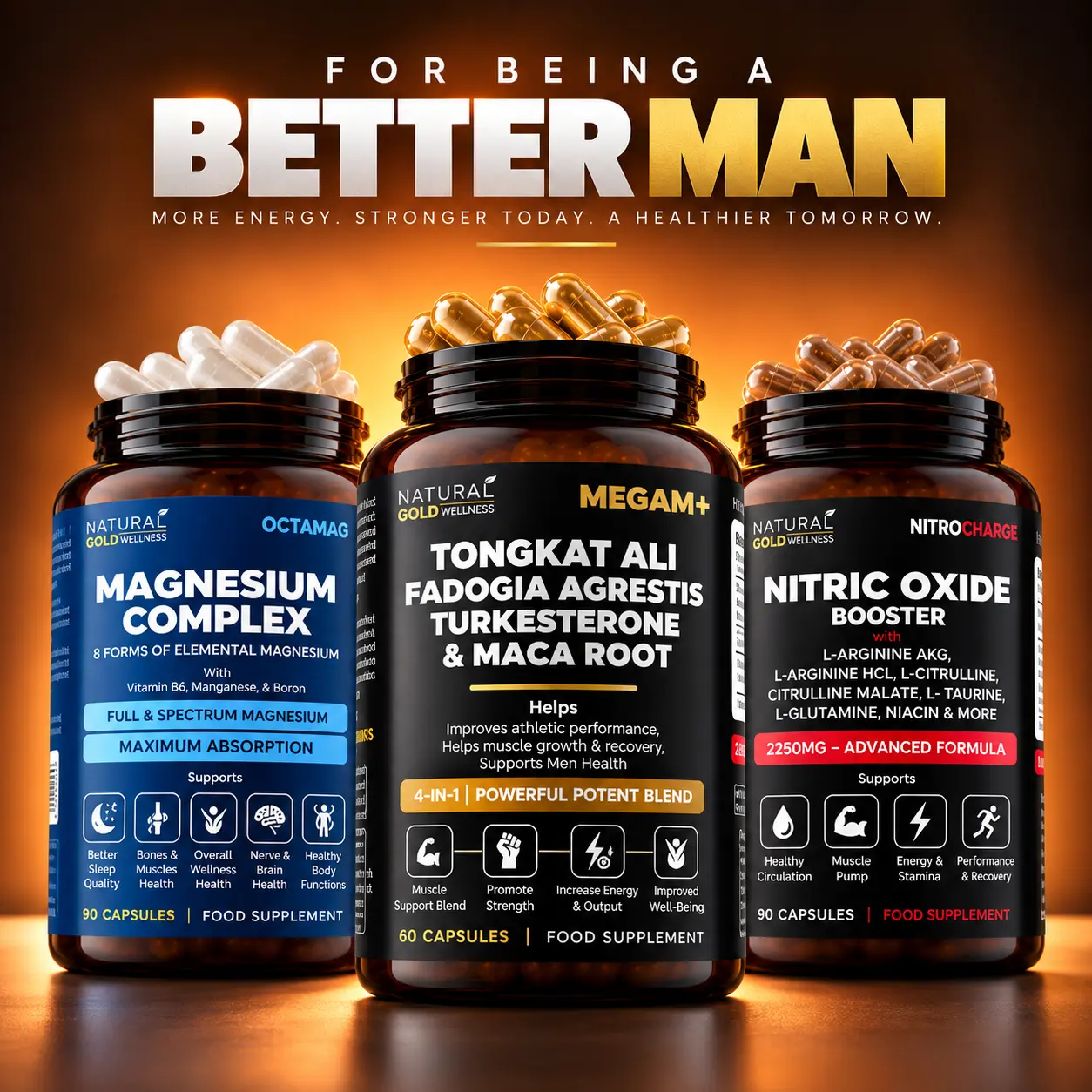 Ultimate Men's Trio – 24-Hour Build, Pump & Recover Stack | Nitric Oxide 2250mg, 8-Forms Magnesium Complex, Tongkat Ali, Turkesterone, Tribulus & Maca | Supports Men Health, Muscle, Strength, Energy, Stamina, Sleep & Recovery | Edible Fitness Supplement