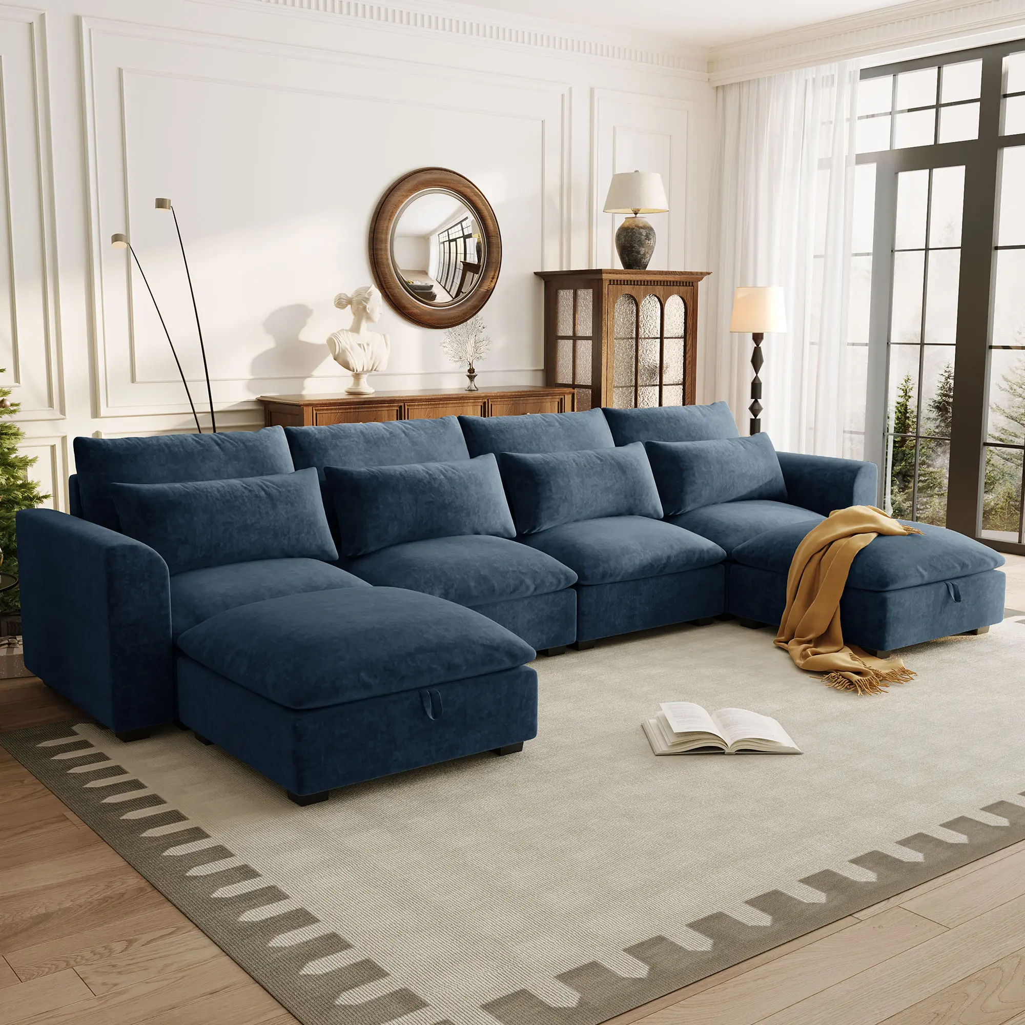 U-Shaped Sectional Sofa with 2 Ottomans, U Shaped Couch for Living Room, [Brand] Convertible Modular Corner Sofa Freely Transformable Couch, Reconfigurable Moveable Sectional Sofa with Two Footrest Stools for Apartment Home Theater Home Office