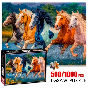 1pc 1000 piece adult puzzle 70x50cm Group of Running Horses by Water with Flowers500 pieces of paper jigsaw puzzle, suitable for adults and families, large-scale DIY puzzle interactive toy games,