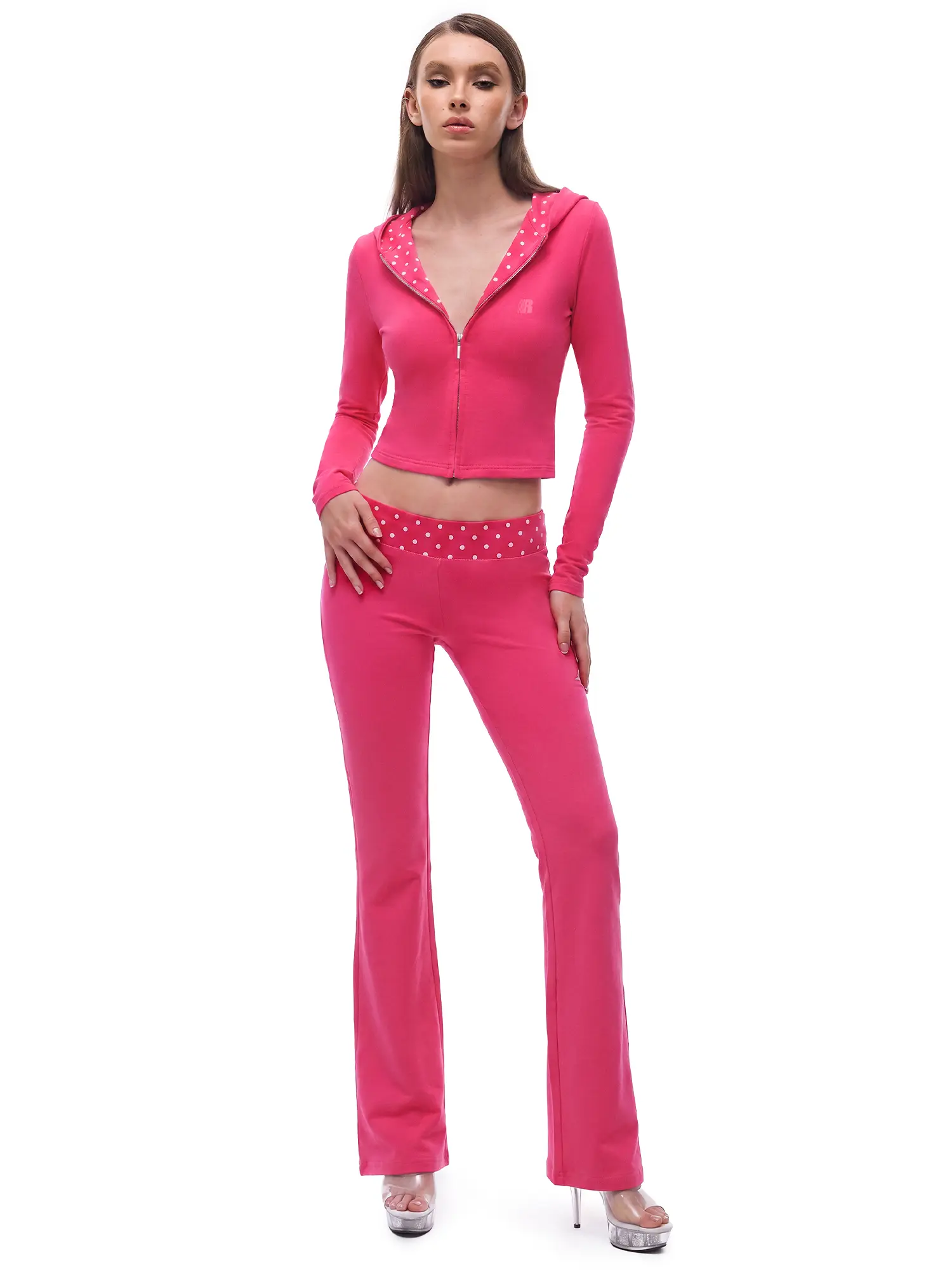 FDR Women’s Slim Fit Polka Dot Zip-Up Hoodie & Flare Pants Set, Vintage Two-Piece Tracksuit with Y2K Streetwear Style