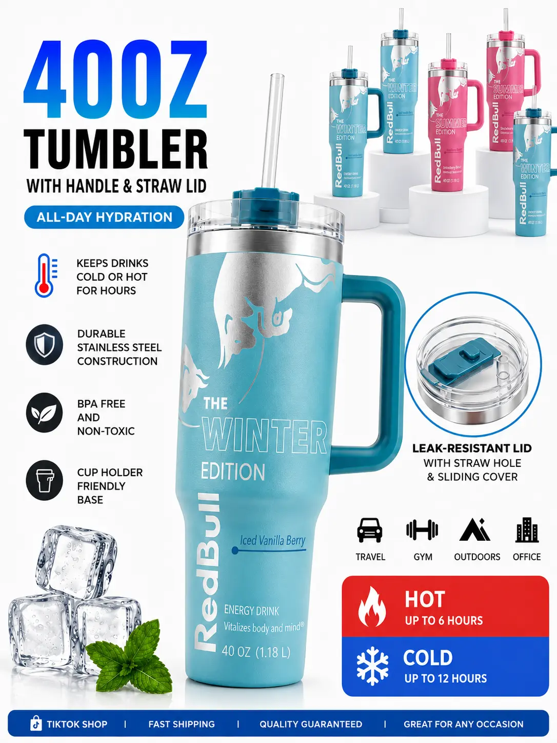 40 oz Blue Insulated Tumbler with Handle, Lid and Reusable Straw