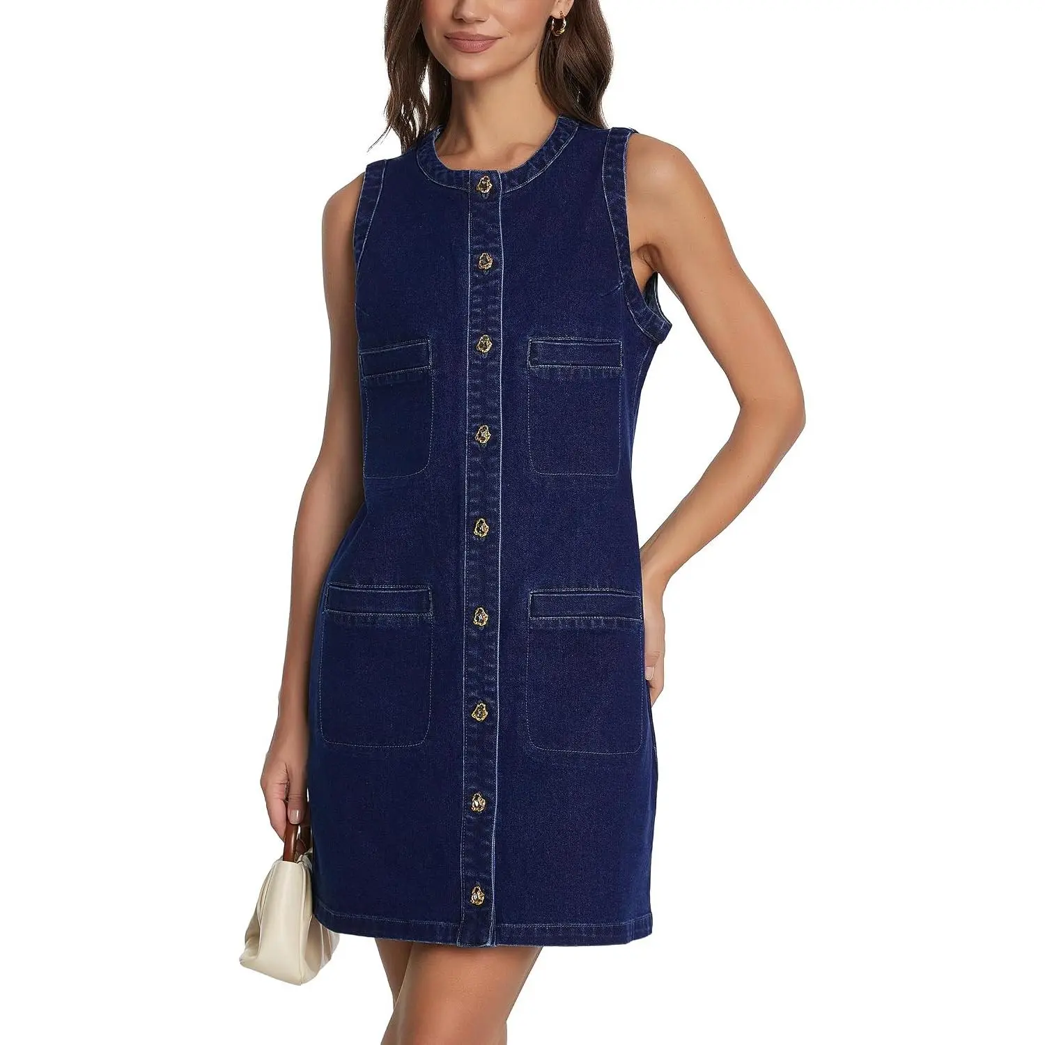 D-Sun Women Sleeveless Denim Mini Dress Crewneck Button Down Bodycon Dress | Stretchy Material,Pockets,Jean Dress,Slim Fit,Collarless,Concert Dress,Work Business,Casual