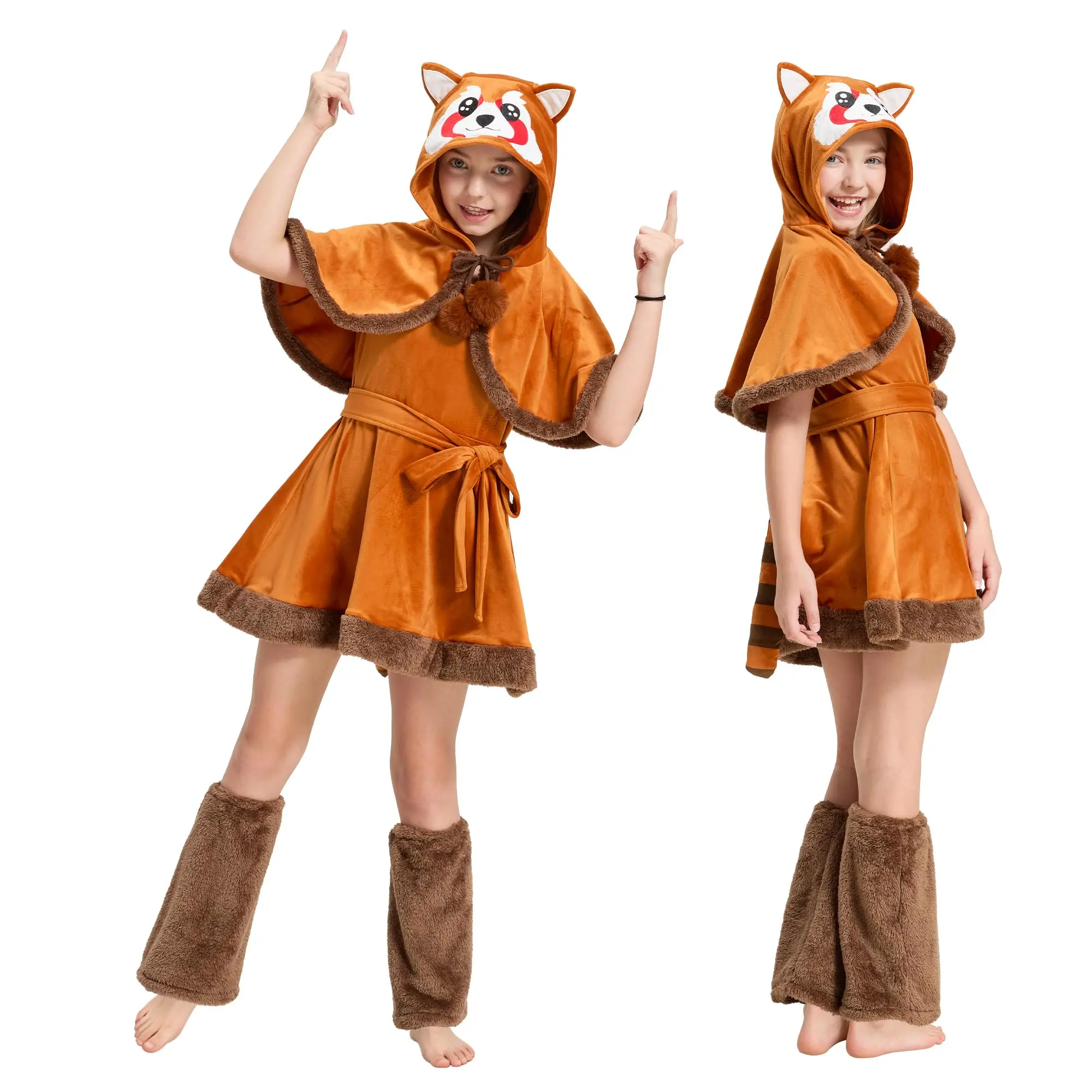 Red Panda Costume for Kids - Orange Velvet Hooded Dress with Brown Trim and Matching Leg Warmers Women Retro Party Costume Accessory skull suit