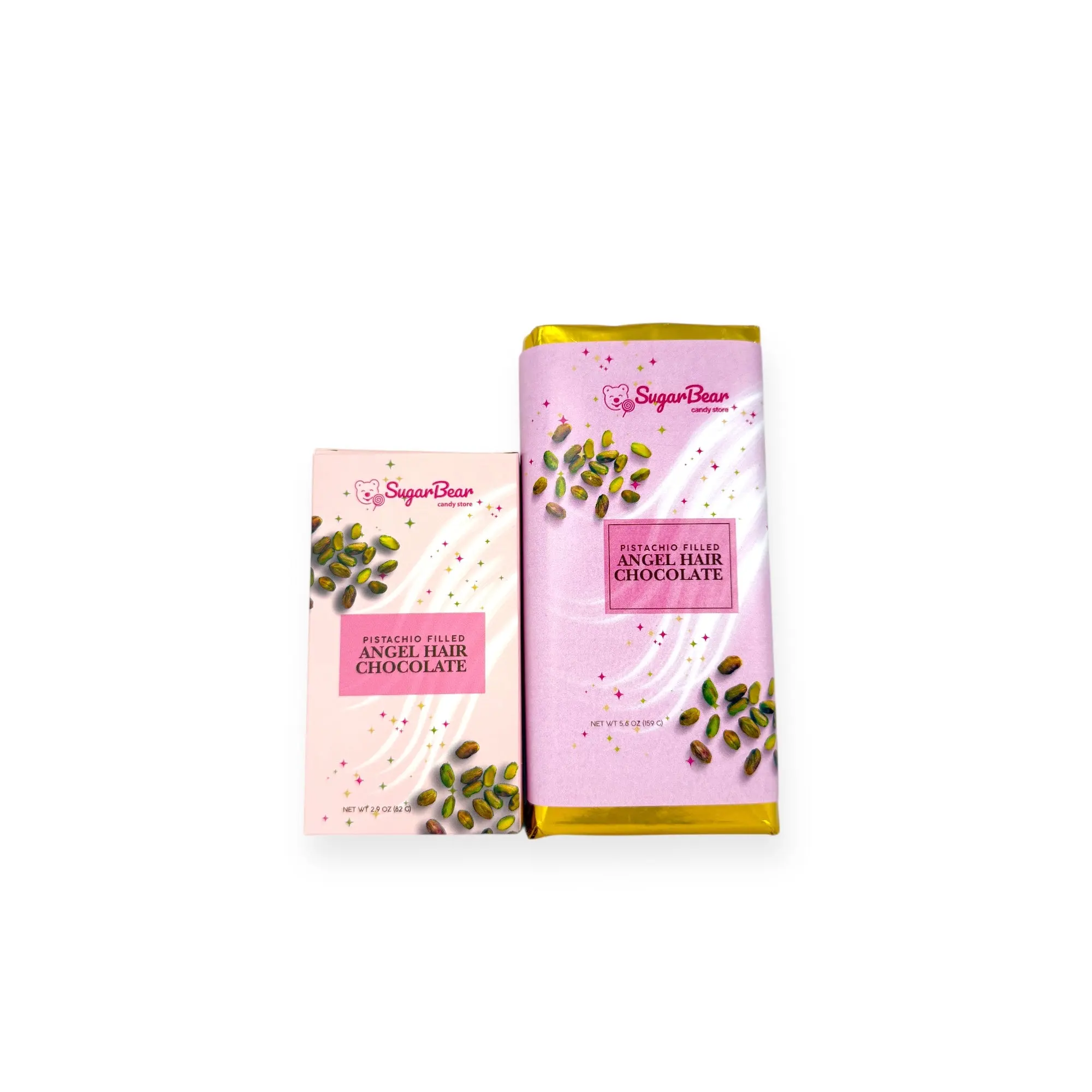 Angel Hair Large And Small Luxury Chocolate Pistachio Filled 5.6 oz & 2.9 oz Bar with Cotton Candy & Pistachio Cream - Viral Chocolate Snack