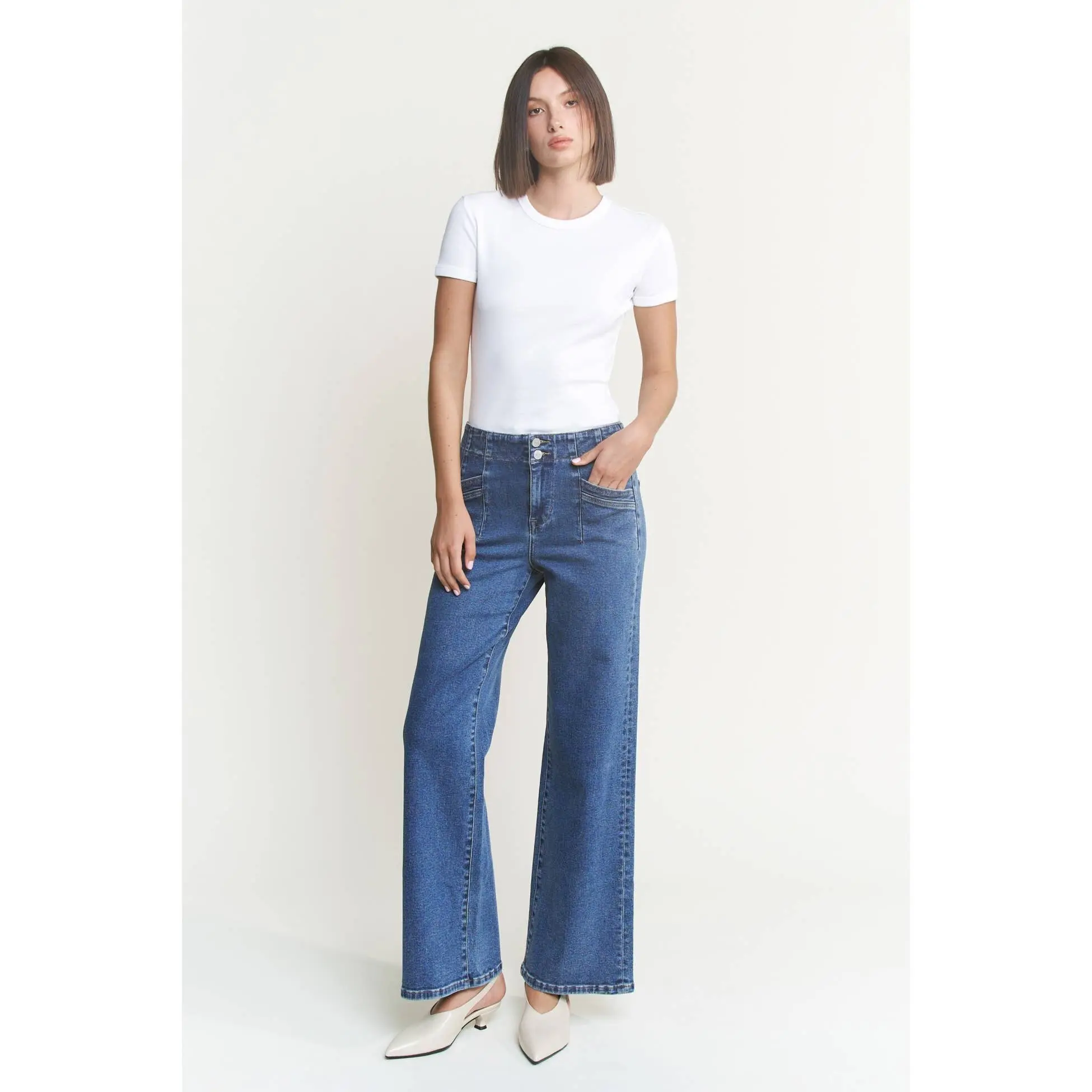 Mica- SUPER HIGH RISE WIDE LEG WITH Double Button: MEDIUM WASH