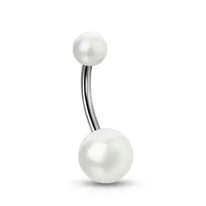 Pearl Belly Ring - Surgical Steel 14 Gauge Hypoallergenic Bar Length 10mm Body Jewelry