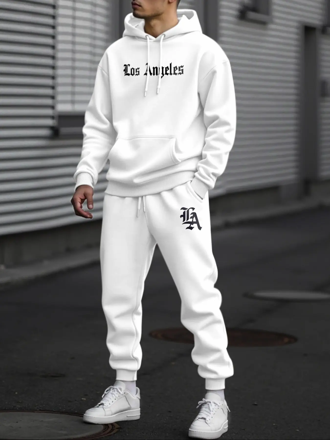 Men's Casual Fitted Hooded Knit Sweatshirt & Jogger Pants Set Outfit, Fall Winter Fashion Letter Print Drawstring Fleece Pullover, Comfortable Daily Wear