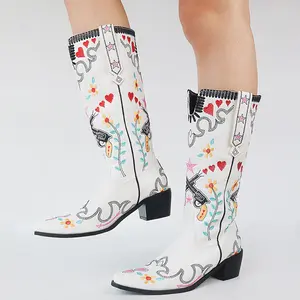 Women's Embroidered Flower Love Pattern Western Cowboy Boots Personalized Trendy Long Tube Boots