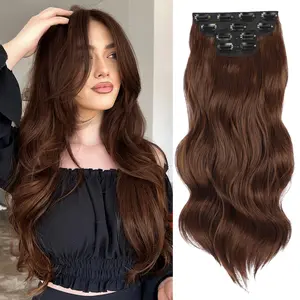 [Vigorous] Mocha mix Brown Copper Clip in Hair Extensions Long Wavy Synthetic Hairpieces for Women and Girls, Easy to Install for Daily Use and Event Party Use