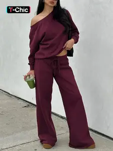 Women‘s Off the Shoulder Long Sleeve Jumper & Pants, 2 Piece Set Casual Fall Sweatsuit Outfits, Jumper Suit, Womenswear