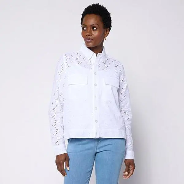Hue Button-Front Cotton Eyelet Topper