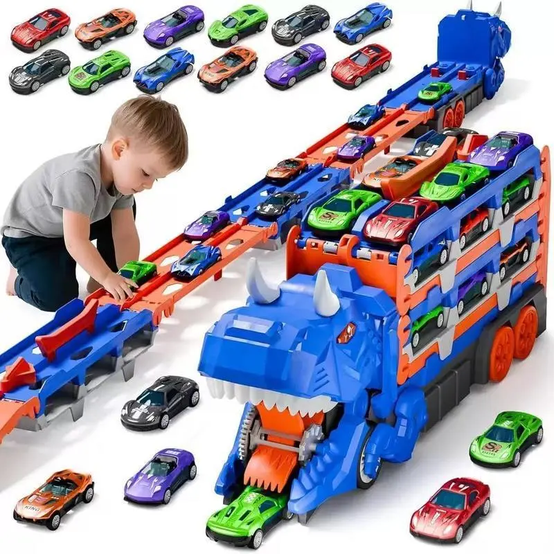 Dinosaur Carrier Truck Toy Vehicle for Toddlers - Die-Cast Metal Transport Play Set, 12 Die-Cast Cars, Dino-Transforming Feature, Ideal Gift for 3-6 Year Old Boys, 4-6 Years Compatible
