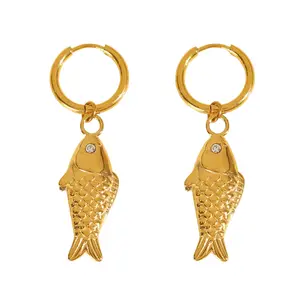 Crystal Eye Fish Dangling Huggie Hoop Earrings - Pair - 18K Gold Plated Stainless Steel