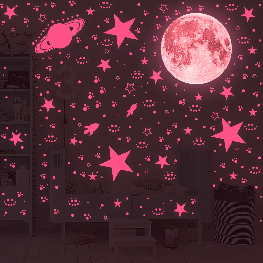 946 pink stars and moon wall stickers, Luminous wall sticker, shimmer in darkness, modern vinyl stickers, sparkling surfaces, reusable self-adhesive ceiling decorations for bedrooms and living rooms, wall decorations, perfect for Christmas decoration