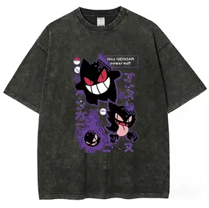 "GASTLY HAUNTER GENGAR LINK" Purple Ghost Creature Print Unisex Plus Size Summer Print T-Shirt, Y2K Clothing, Crew Neck, Short Sleeve, Washed T-Shirt, Men's Top, Retro Style, Casual Loose Fit