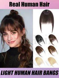 Brown Human Hair Clip in Bangs Fringe with Temples Wispy Bangs French Bangs for Women Black Blonde Gray Hair Bangs Daily Use