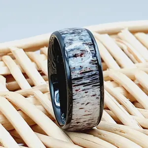 Personalized Black Tungsten Wedding Band with Deer Antler Inlay