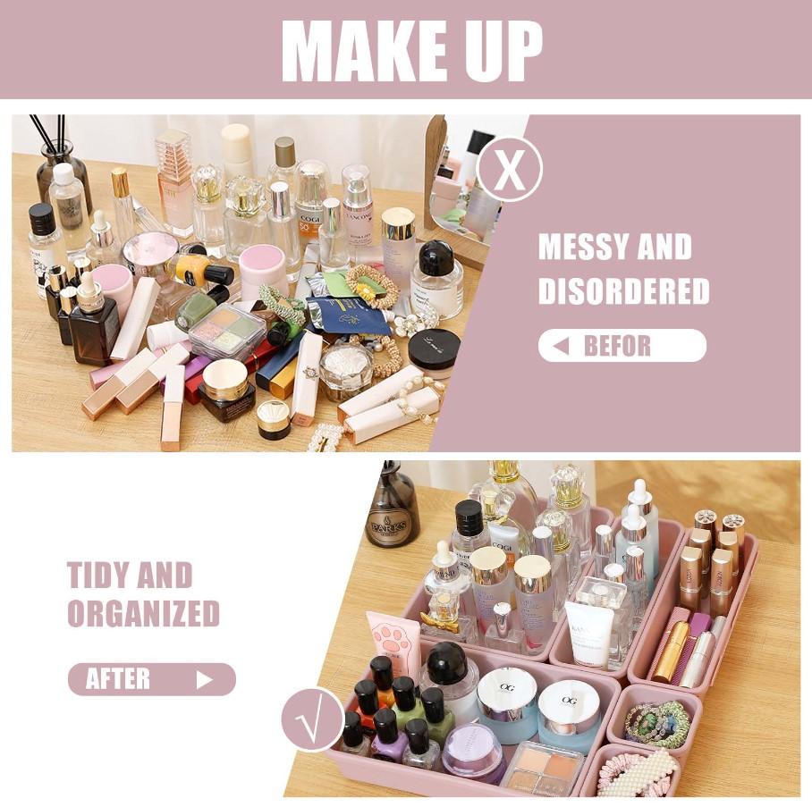 16 Pcs Green & Purple Drawer Organizer Set 3-Size Plastic Storage Trays Versatile Drawer Dividers for Makeup Jewelry Utensils Kitchen Bathroom Office Desk