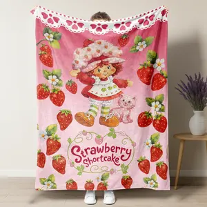 Vintage Strawberry Shortcake Flannel Blanket,Cute Strawberry & Cat Print Soft Throw, Best Gift for 80s 90s Nostalgic Fans,Y2K Aesthetic Room Decor,Gift for Girls