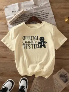 Women's Cartoon Gingerbread Man & Letter Print Round Neck Tee, Fashion Casual Crew Neck Short Sleeve T-shirt for Daily Holiday Vacation Outdoor Wear, Ladies Clothes for Summer