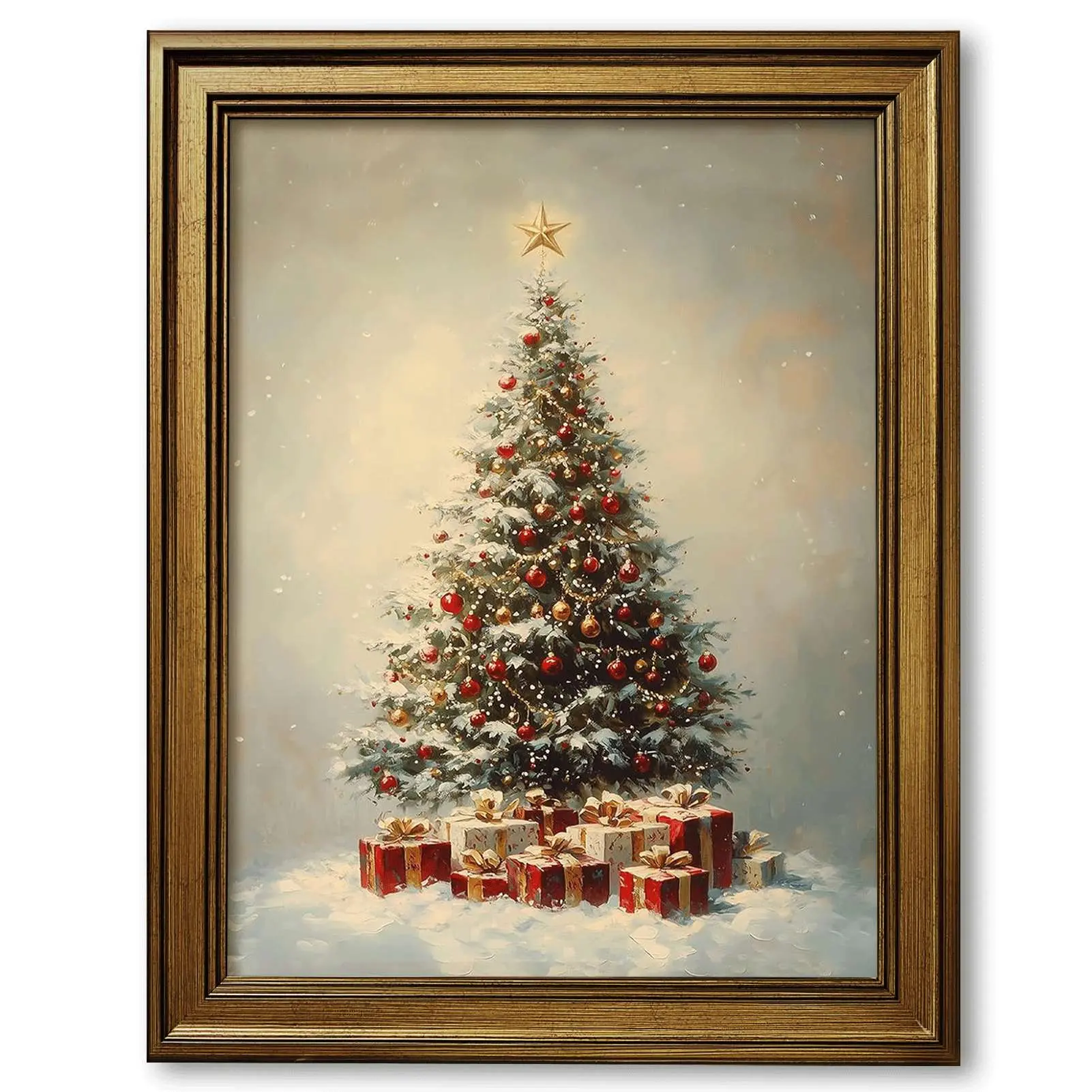 Vintage Snowy Christmas Tree With Gift Boxes 1-Piece Gallery-Wrapped Canvas Wall Art, Giclee Muted Holiday Print, Hand-Stretched Solid Wood Base with Hooks, Black & Gold Frame or Canvas Only, Waterproof UV-Protected Home Decor for Living Room, Bedroom