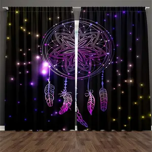 2pcs Black Violet Dream Catcher with Ornament and Night Sky Stars Curtains Rod Pocket Window Treatment for Bedroom Living Room