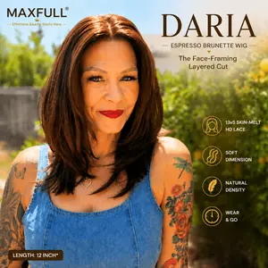 Daria - MaxFull Espresso Brunette Wig | Face-Framing Layered, Pre-Cut, 13x5 Skin-Melt HD Lace, Free Part, Soft Dimension, Effortlessly Expensive Real-Hair Movement for Comfortable Everyday Synthetic Wig